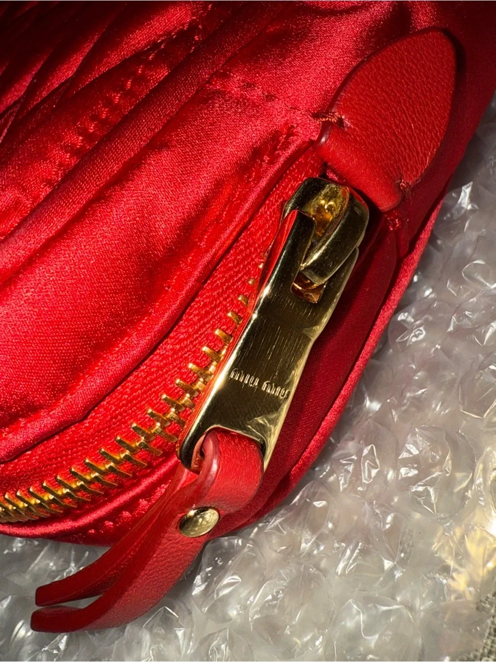 Miu Miu Red Quilted Matelassé Cosmetic Pouch with Gold Logo